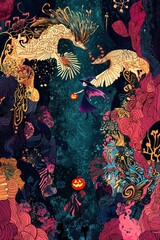 Wall Mural - Halloween Witch with Flying Creatures in a Fantasy Forest