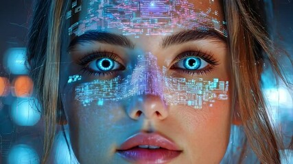 Poster - A young woman is captivated by holographic projections on her face, illuminated by blue light, suggesting a connection to advanced technology and a digital future.
