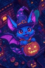 Poster - Cute Bat Witch Holding a Jack-O-Lantern Pumpkin for Halloween