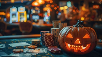 A halloween themed casino with money and poker chips. Generative AI.