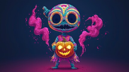 Sticker - Cute Halloween Monster Holding a Pumpkin