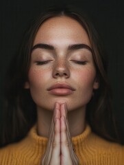 A serene portrait of a young woman with closed eyes, hands in a prayer position, exuding calmness and introspection against a dark background.