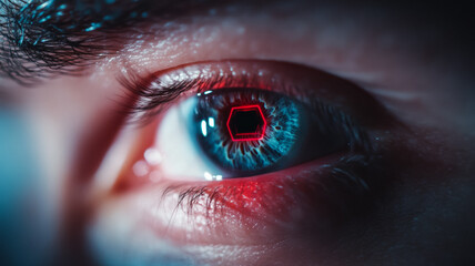 Close up of an eye with a digital interface and holographic elements blending human and machine vision 