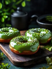 Wall Mural - A vibrant display of green-glazed donuts with sesame seeds, set on a wooden board surrounded by lush greenery and dark ceramics.