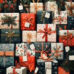 Poster - A wall of colorful Christmas presents wrapped in various patterns and tied with ribbons.