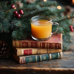 Sticker - A warm beverage sits atop a stack of vintage books, surrounded by festive greenery and warm lights.