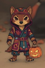 Poster - Cute Anthropomorphic Wolf in a Robe Holding a Jack-o'-Lantern for Trick-or-Treating