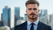 © AI Petr Images - Confident man with a perfectly groomed chevron mustache wearing a tailored suit standing against a modern city skyline