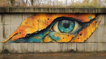 Wall Mural - A large, colorful eye painted on a concrete wall, with the eye appearing to be cracked and broken.