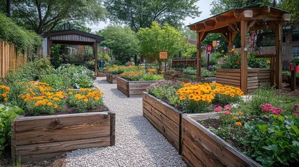 Wall Mural - A well-maintained community garden with raised beds, a gravel pathway, and a wooden pergola.