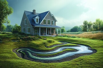 Sticker - A modern house with a large front yard and a winding stream in the middle of a green field.