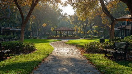 Sticker - A paved path winds through a lush green park with a gazebo in the distance, bathed in the golden light of the morning sun.