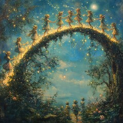 Poster - A whimsical illustration of fairies dancing on a moonlit archway with fireflies.