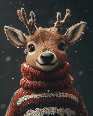 Wall Mural - A whimsical reindeer character wearing a cozy sweater, surrounded by falling snowflakes.