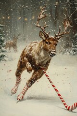 Sticker - A whimsical scene of a reindeer ice skating in a snowy forest.