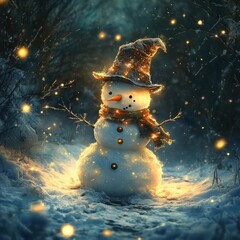 Wall Mural - A whimsical snowman adorned with a hat and scarf, surrounded by twinkling lights in a snowy landscape.