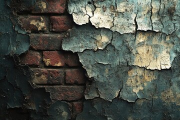 Poster - A close-up of a weathered brick wall with peeling blue paint.