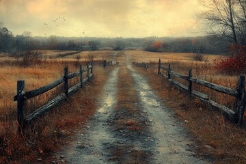 A winding dirt road leads through a misty autumn field, lined with wooden fences and a small farmhouse in the distance.