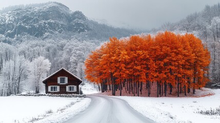 Poster - A wooden cabin sits nestled in a snowy landscape, with a winding road leading towards a cluster of bright orange trees.