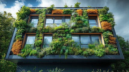 Sticker - Modern building with a green wall of plants and trees.