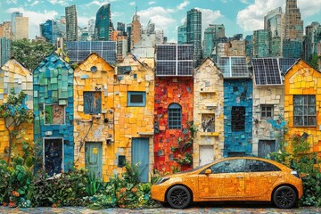 Sticker - A row of colorful houses with solar panels on the roof in front of a city skyline.