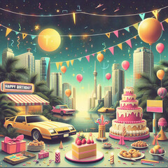 Canvas Print - Vibrant birthday party in a futuristic cityscape, featuring large cakes, balloons, and vintage cars with a festive atmosphere