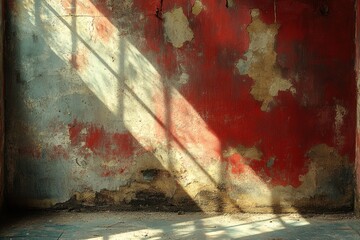 Poster - Sunbeams shine through a window onto a weathered red wall with peeling paint and a chipped floor in a derelict building.