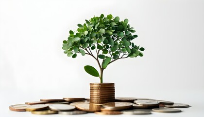 Tree of financial innovation thriving from a foundation of digital currency coins against a clean white backdrop