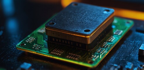 A macro image of a processor or a graphic card, technological device storing memory, hardware close-up, neon led lights