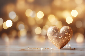 Wall Mural - Golden glitter hearts are sparkling on a wooden table with golden bokeh lights for valentine's day, Christmas,Wedding, birthday. There is plenty of space for text