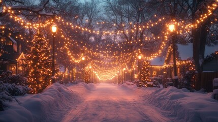 Poster - A snow-covered street lined with trees adorned with twinkling Christmas lights, creating a warm and festive atmosphere.