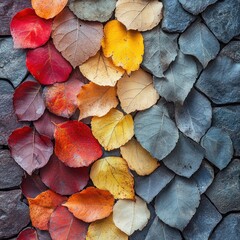 Canvas Print - A vibrant display of fall foliage arranged in a rainbow pattern against a dark background.