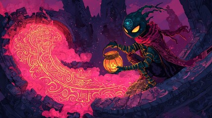 Wall Mural - Fantasy Creature with Lantern in Ruined City