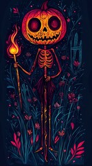 Poster - Pumpkin Skeleton with Burning Torch in Dark Forest