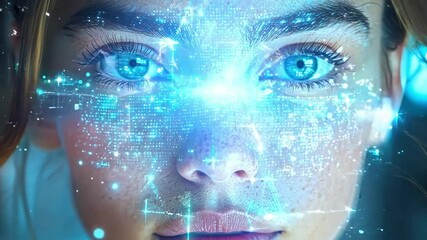 Poster - The young woman gazes intently, her striking blue eyes enhanced by a holographic digital interface projected on her face, illustrating innovative technology.