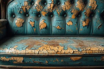 Poster - Closeup of a vintage blue leather sofa with peeling paint and worn upholstery.