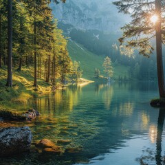 Sticker - A serene mountain lake with crystal clear water, surrounded by lush green trees and a misty background. The sun is setting, casting a golden glow over the scene.