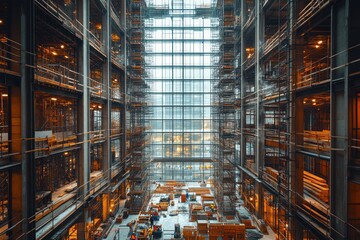 Poster - A modern building with a glass atrium and a large window.