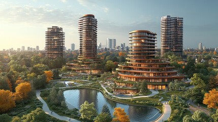 Canvas Print - Three modern residential towers with curved balconies and a green park surrounding a pond.