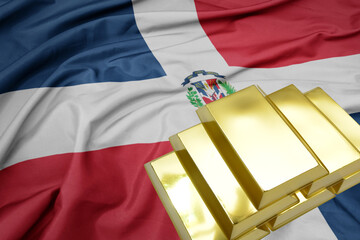 Wall Mural - shining golden bullions on the dominican republic flag background.