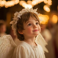 Sticker - A young child dressed as an angel looks up with a hopeful expression, surrounded by twinkling lights.