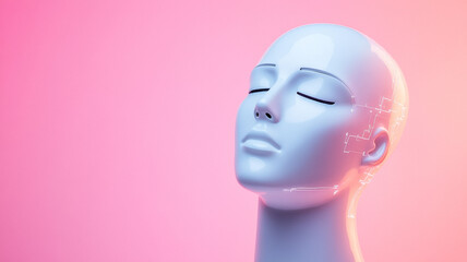 Wall Mural - Minimalist white AI robot head with circuit like lines isolated on a pastel gradient background tech future concept 