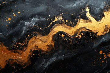 Abstract black and gold paint swirls with gold glitter.