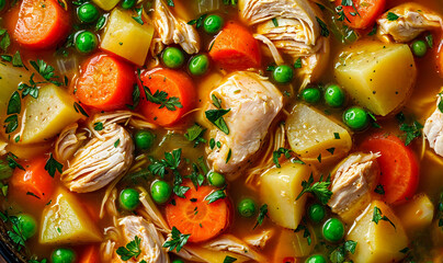 chicken and vegetable soup wallpaper close up veggies and meat seen from above 