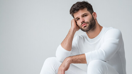 Pensive man in a minimalist white outfit sitting on a stool in a studio with soft shadows 