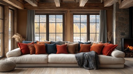 Wall Mural - A large, comfortable sofa with multiple pillows and a throw blanket sits in front of a window with a view of snow-capped mountains.