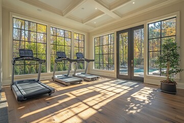 Poster - A home gym with three treadmills, large windows, and a view of a patio and pool.