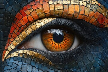 Poster - A close-up of a brown eye with mosaic makeup. The mosaic is in shades of blue, orange, and gold, and the eye is looking directly at the viewer.