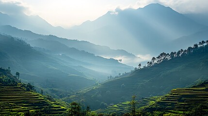 Wall Mural - A misty mountain landscape with rolling hills and a valley in the foreground, bathed in soft sunlight.