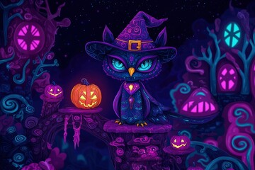 Poster - Halloween Owl with a Witch Hat and Pumpkins